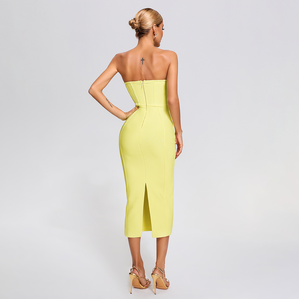 Custom Yellow Off Shoulder Strapless Bandage Party Formal Dress Elegant Bodycon Strapless Mini Bodycon Dress For Party Prom