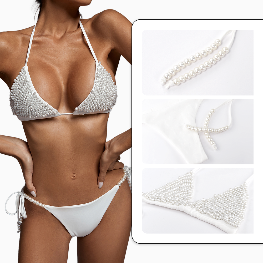 BEISHI Custom Sexy Luxury 2 Piece White Pearl Swimwear Thong Bikini Set Swimsuit Beachwear