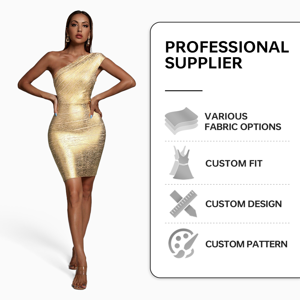 2023 Women Fashion One Shoulder Gold Bodycon Birthday Bandage Party Club Metallic Mini Sexy Cocktail Dress for Women