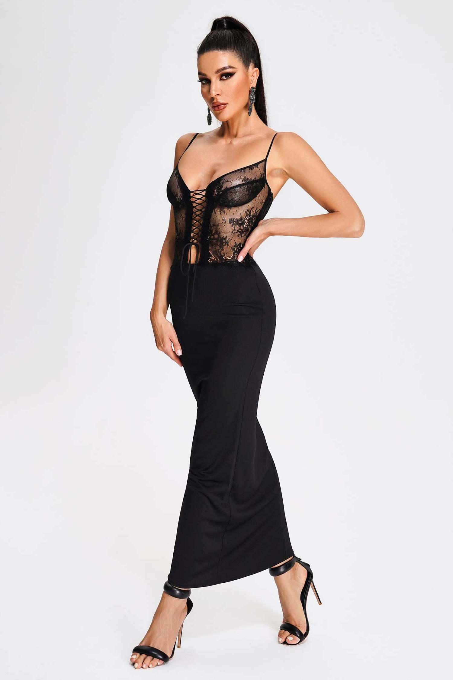 Bella Barnett Spaghetti Strap Long Black Party Sexy Mesh Bodycon Lace Maxi Dresses Women Ladies Elegant