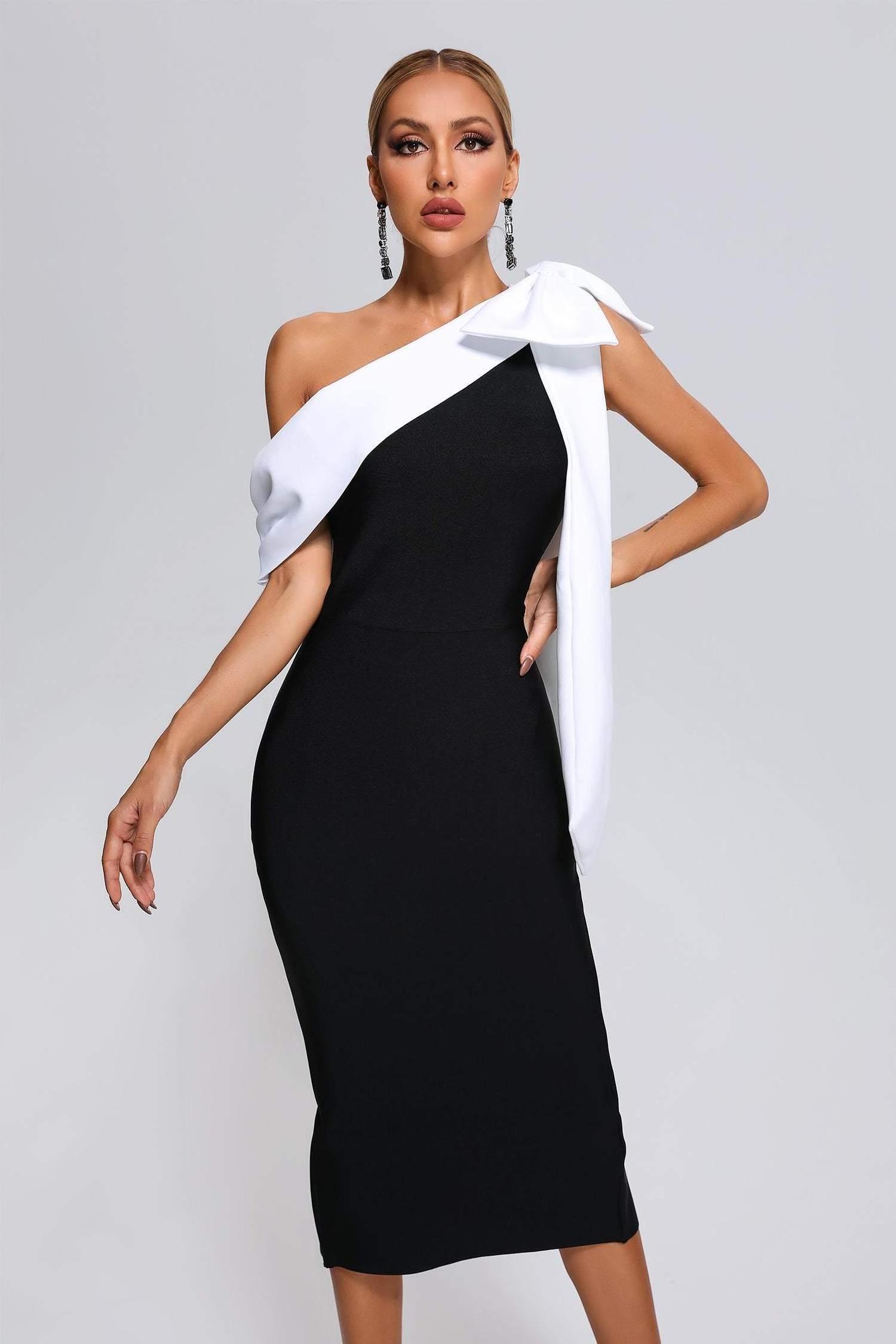 BEISHI New Arrival Women Black And White Midi Elegant One Shoulder Cocktail Party Bodycon Bandage Dress 2023