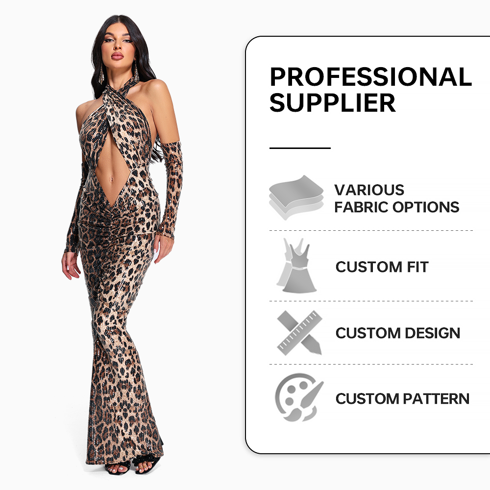 BEISHI Sexy Halter Neck Leopard Print Maxi Bodycon Backless Party Club Night Sequin Dress Women Dress With Gloves Women