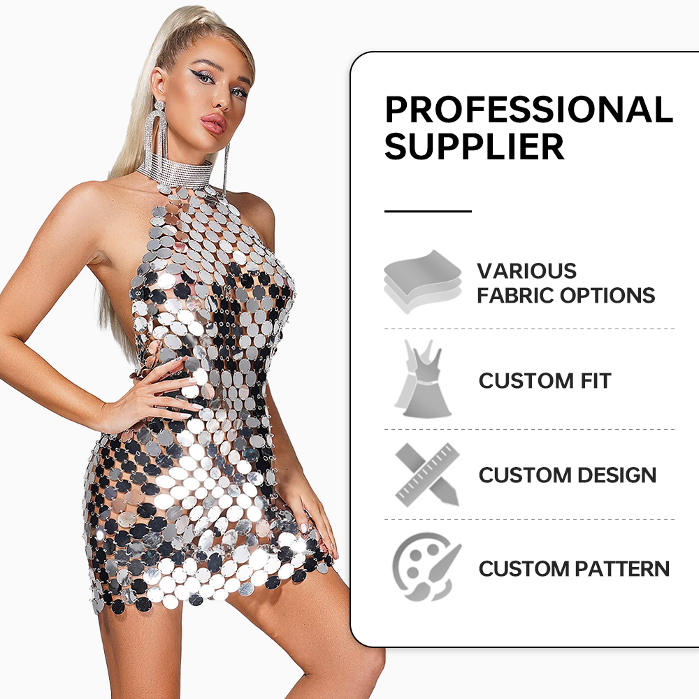 Fashion Best Sell Halter Neck Sexy Mini Metal Silver Backless Sequin Embellished Dresses Elegant Women Party Club