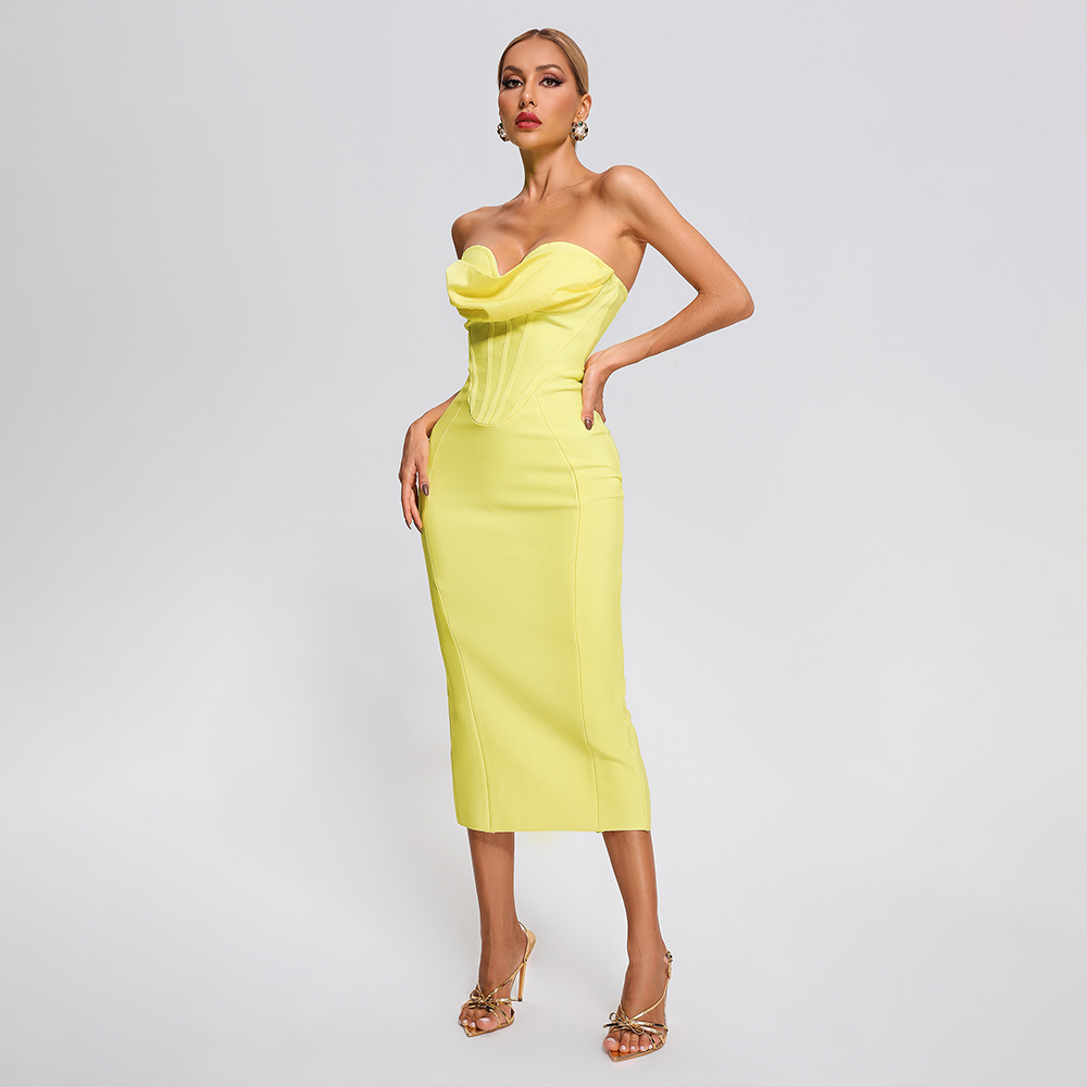 Custom Yellow Off Shoulder Strapless Bandage Party Formal Dress Elegant Bodycon Strapless Mini Bodycon Dress For Party Prom