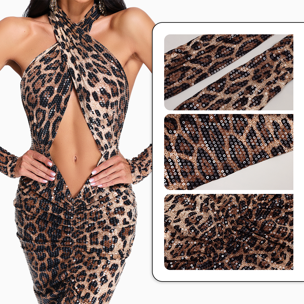 BEISHI Sexy Halter Neck Leopard Print Maxi Bodycon Backless Party Club Night Sequin Dress Women Dress With Gloves Women