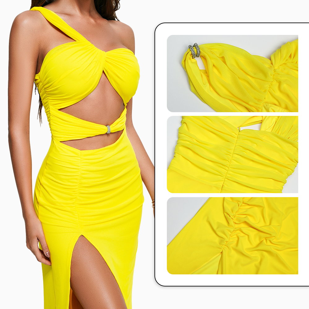 Bella Barnett Ladies Hollow Out Mesh High Slit Party Dresses One Shoulder Evening Gowns Yellow Dress  For Women