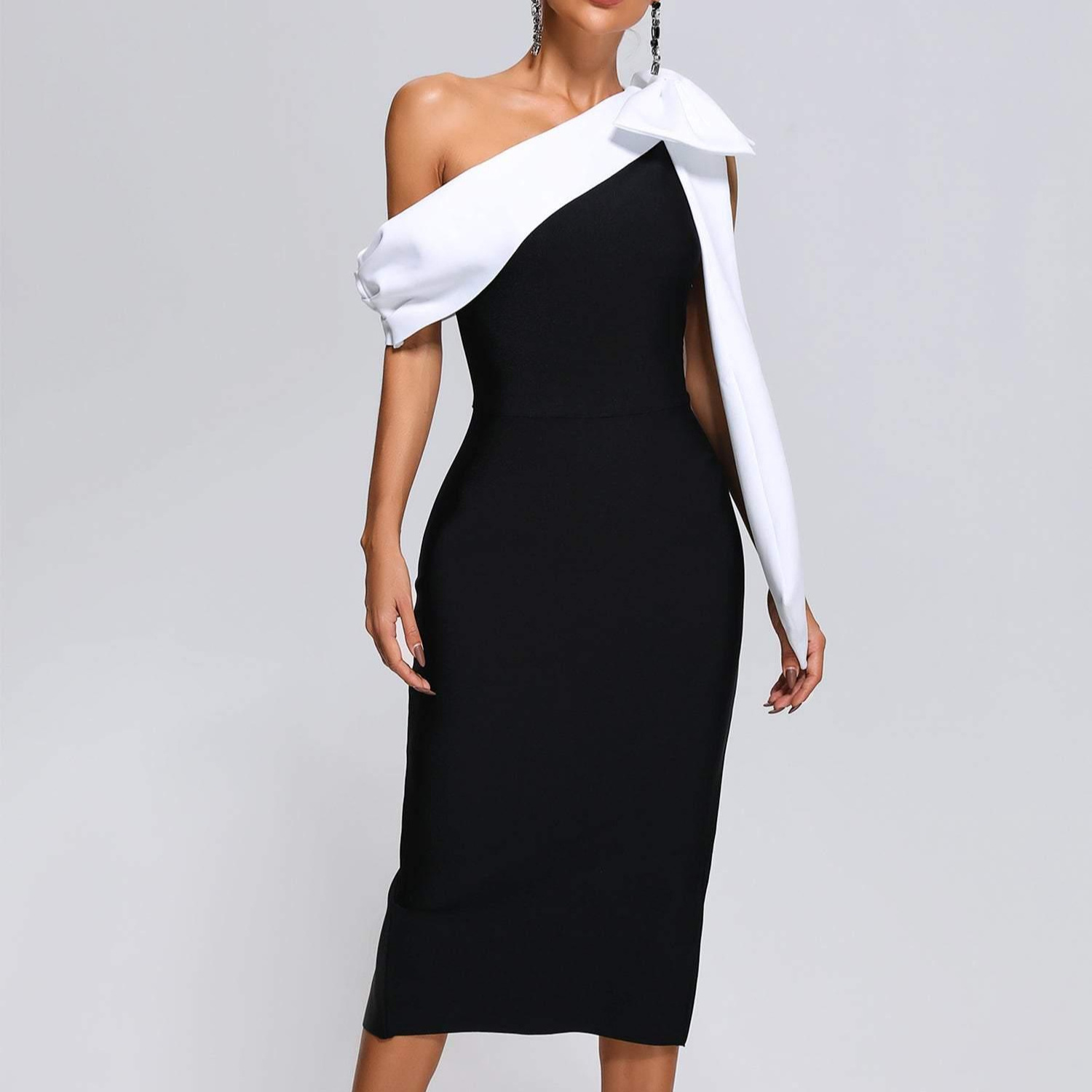 BEISHI New Arrival Women Black And White Midi Elegant One Shoulder Cocktail Party Bodycon Bandage Dress 2023