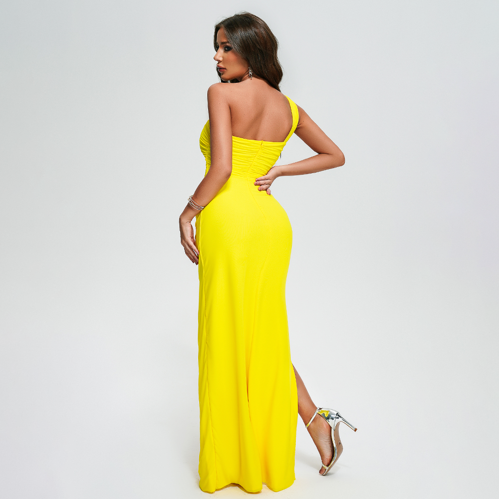 Bella Barnett Ladies Hollow Out Mesh High Slit Party Dresses One Shoulder Evening Gowns Yellow Dress  For Women