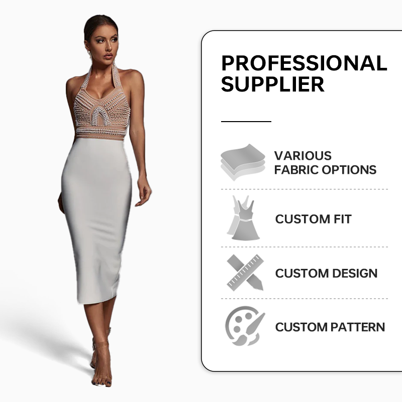 Custom Manufacturer Women Pearl Beaded Dress 2023 Halter Neck Birthday Midi Bandage Dinner Elegant Party Dress for Women