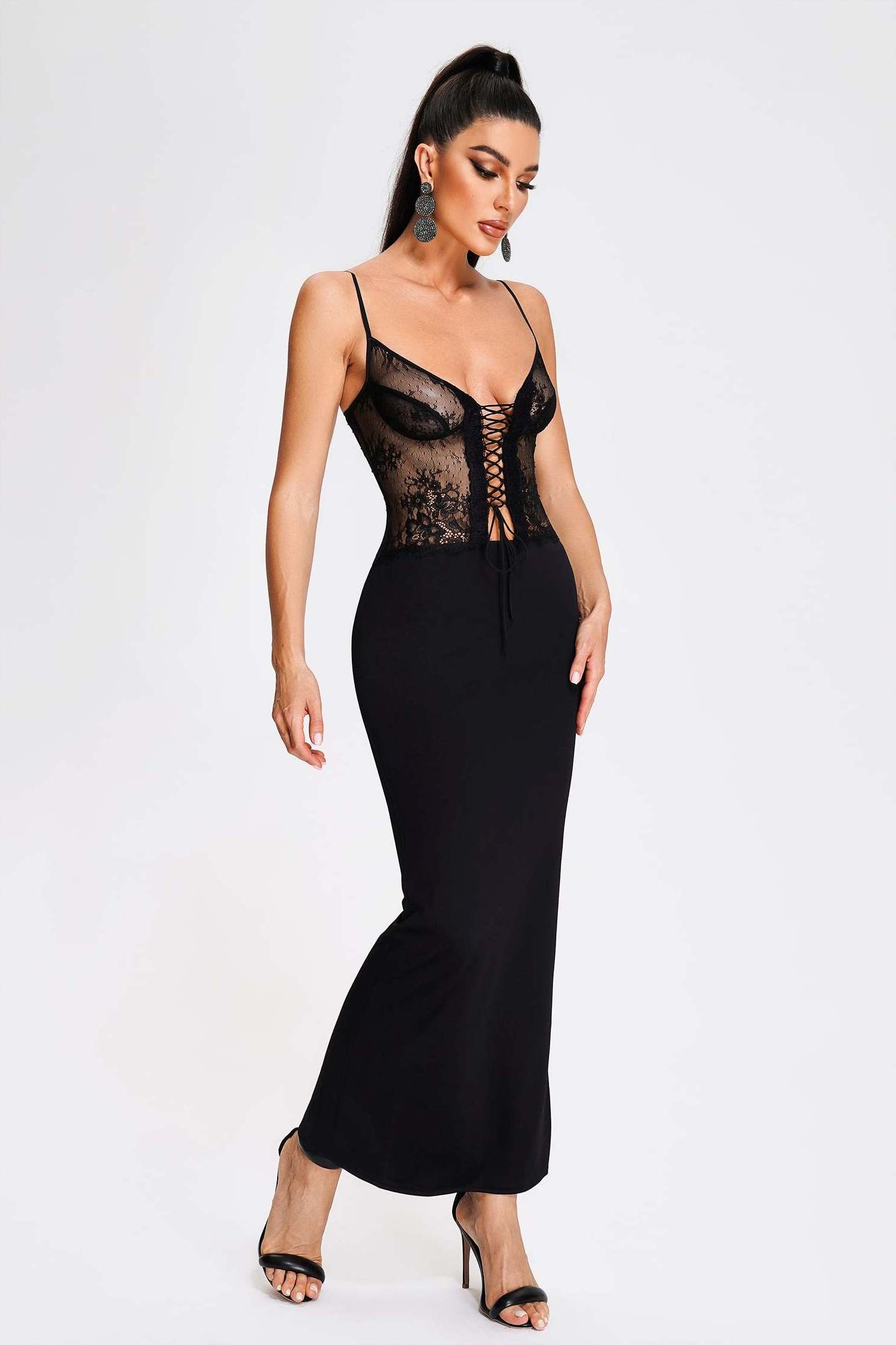 Bella Barnett Spaghetti Strap Long Black Party Sexy Mesh Bodycon Lace Maxi Dresses Women Ladies Elegant