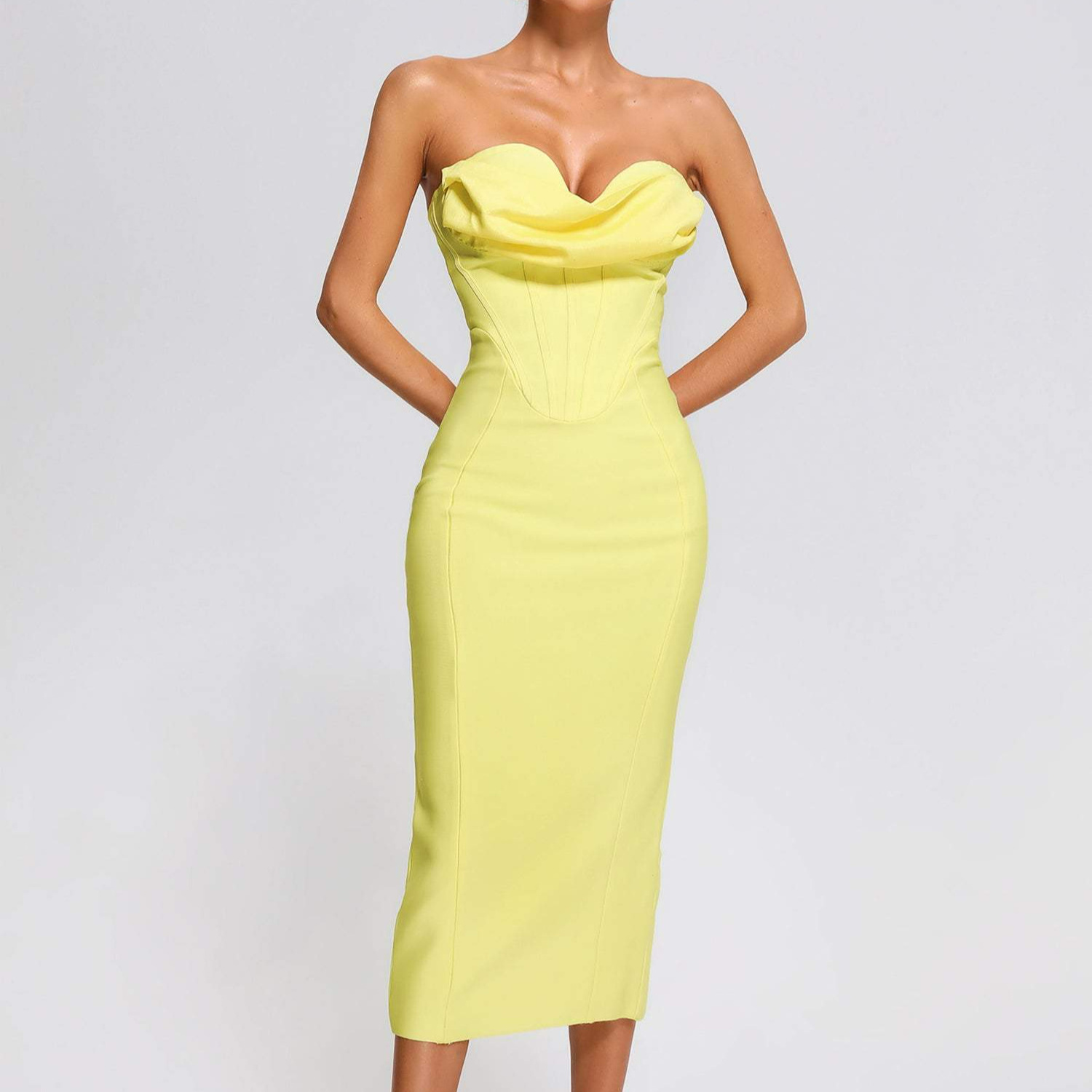 Custom Yellow Off Shoulder Strapless Bandage Party Formal Dress Elegant Bodycon Strapless Mini Bodycon Dress For Party Prom