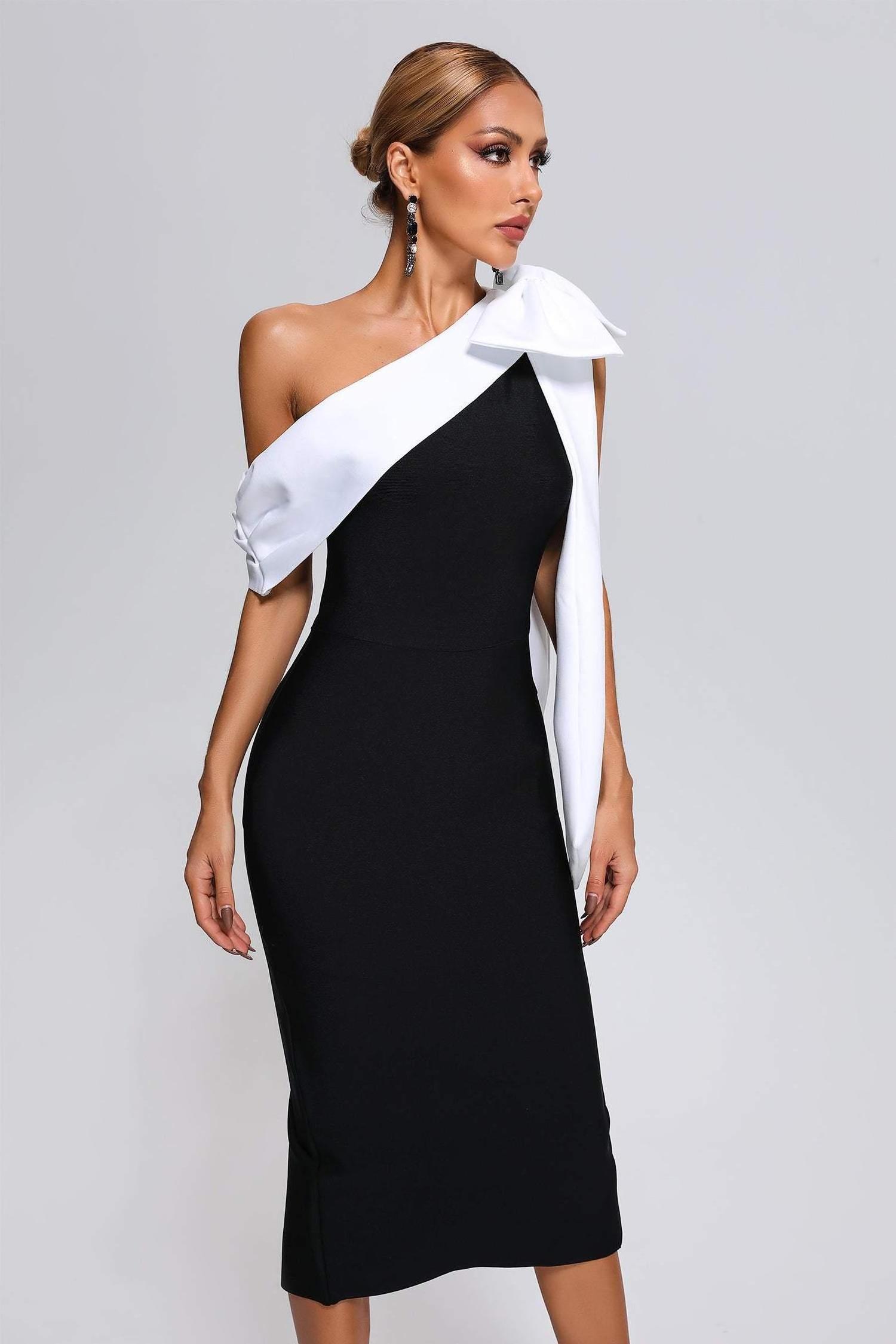 BEISHI New Arrival Women Black And White Midi Elegant One Shoulder Cocktail Party Bodycon Bandage Dress 2023