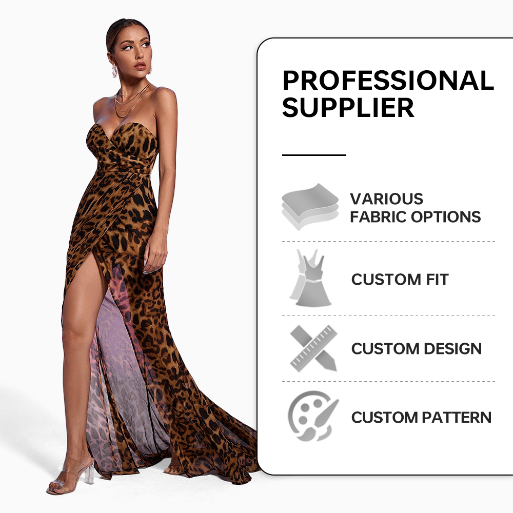 2023 Fashion New Design V Neck Sleeveless Floor Length Lady Women Sexy Evening Leopard Print Mesh Slit Maxi Prom Dress 2023