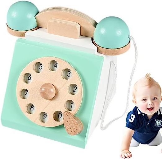 Children Wooden Landline Antique Dialing Educational Telephone Toy  Pretend Kid Wooden Telephone Toy Educational Interactive Toy