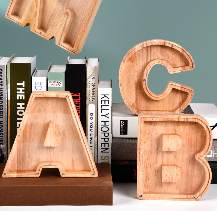 Wooden Letters Piggy Bank Clear Acrylic Piggy Bank Christmas Gift 26 Letters Saving Money Piggy Bank Kid Toy Box Realistic 50pcs