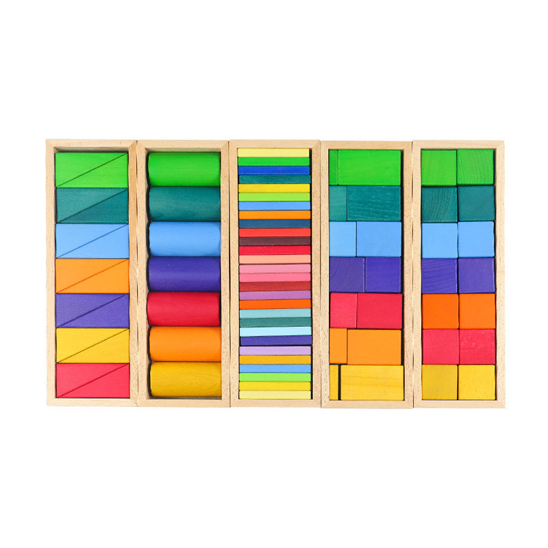 New Style Wooden Rainbow Geometric Building Blocks Shape Color Cognition Stacking Toys Early Learning Educational Toys