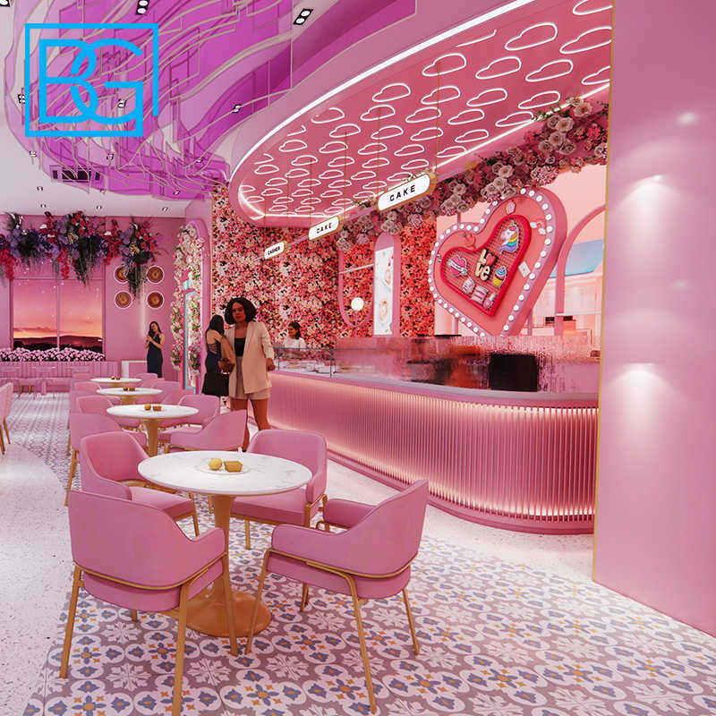 Pink Commercial Desserts Bakery Shop Bubble Tea Cabinet Retail Tea Shop Interior Design Bubble Tea Shop Counter With Led