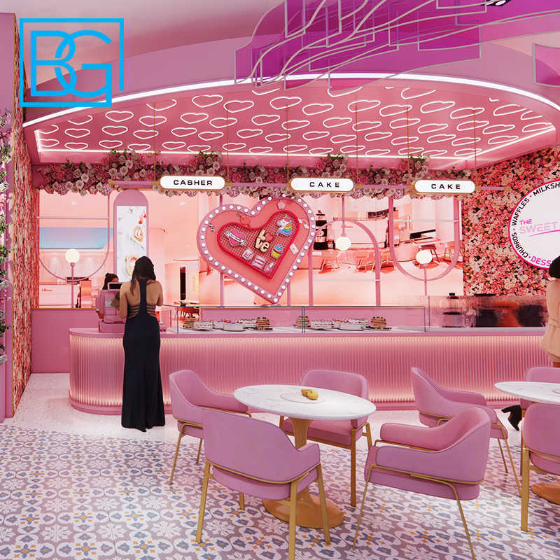 Pink Commercial Desserts Bakery Shop Bubble Tea Cabinet Retail Tea Shop Interior Design Bubble Tea Shop Counter With Led