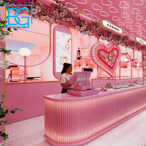 Pink Commercial Desserts Bakery Shop Bubble Tea Cabinet Retail Tea Shop Interior Design Bubble Tea Shop Counter With Led