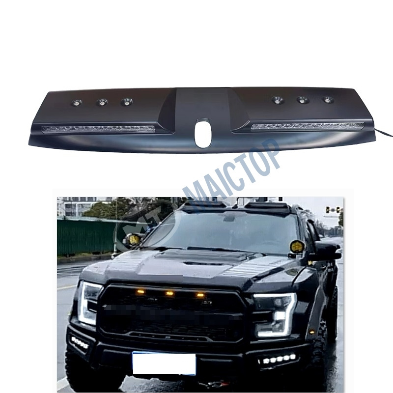 MAICTOP Car Accessories ABS Black Front Top Spoiler with led For Ranger 2012-2021 T6 T7 T8 DRL Roof Light