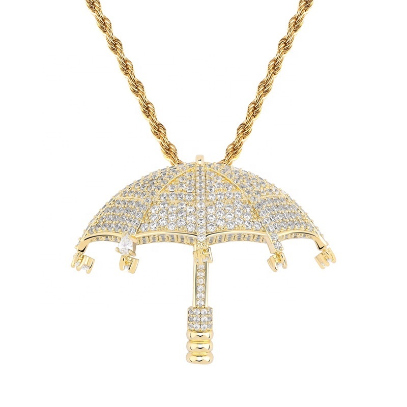 Wholesale Hiphop Jewelry Dainty Full Zircon Iced Out Women Jewelry Miami Cuban Chain Bling Raining Umbrella Pendant Necklace