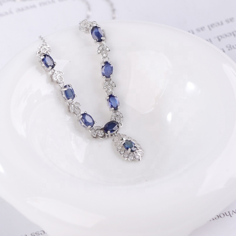 Luxury Jewelry Necklace Aquamarine 925 Sterling Silver Natural Sapphire Necklace for Women