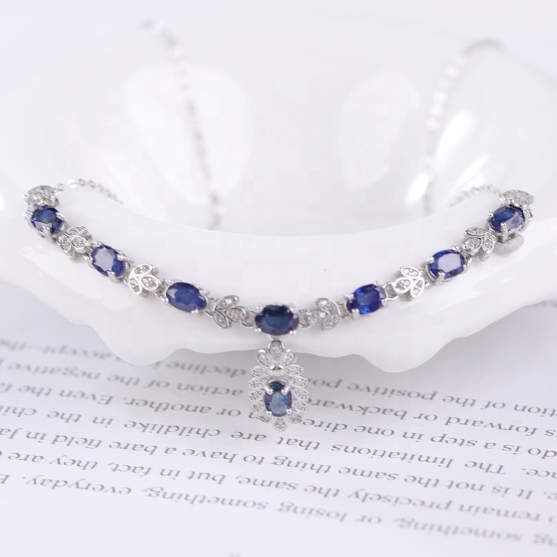 Luxury Jewelry Necklace Aquamarine 925 Sterling Silver Natural Sapphire Necklace for Women