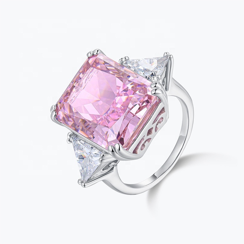 High Quality 925 Solid Sliver jewelry Radiant Cut Pink Diamond Cubic Zirconia Cocktail Rings For Women