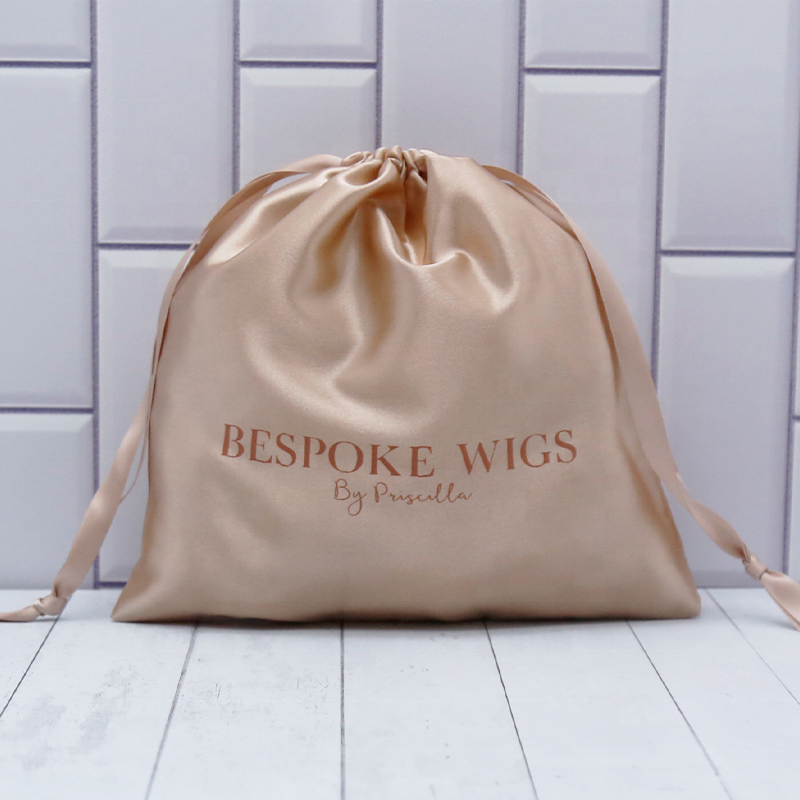 Custom logo printed brown satin drawstring storage pouches luxury satin pouch for hair packaging wig bags