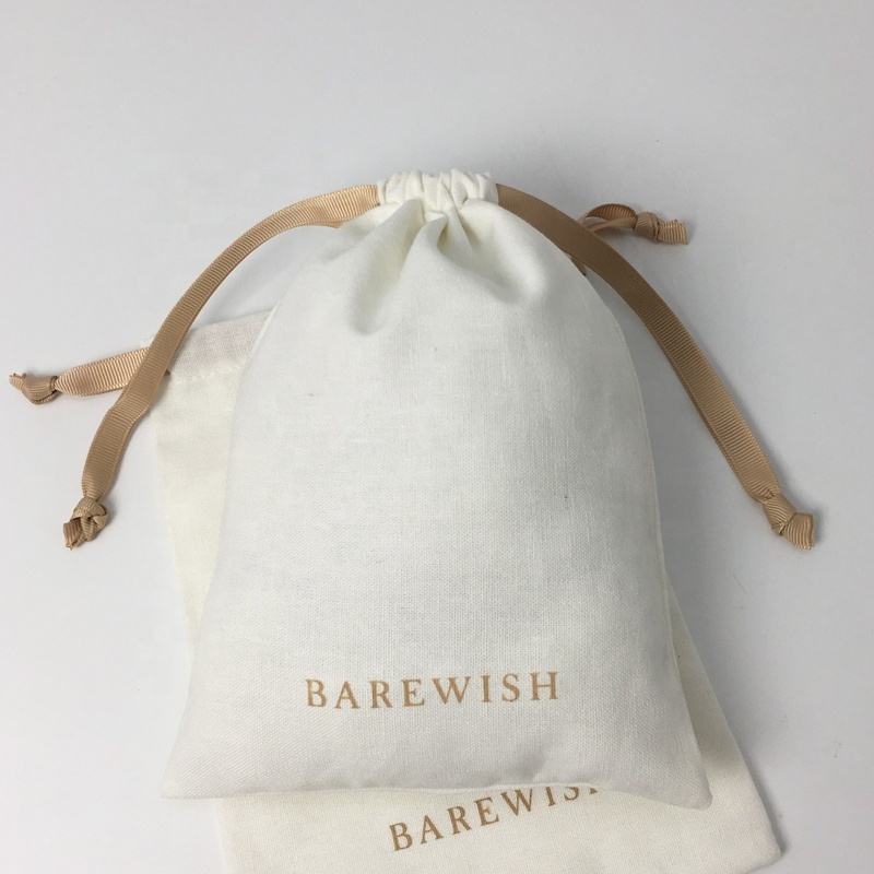 Reusable White Cotton Linen Pouch Soft Clothes Dust Pouch Drawstring Fabric Custom Logo Cotton Linen Screen Printing Craft Bags