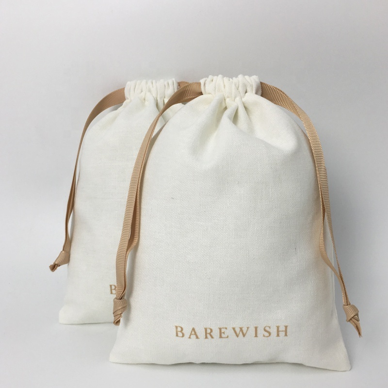 Reusable White Cotton Linen Pouch Soft Clothes Dust Pouch Drawstring Fabric Custom Logo Cotton Linen Screen Printing Craft Bags