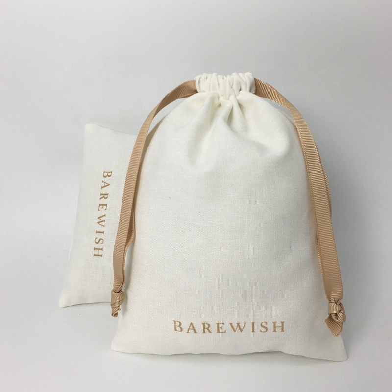 Reusable White Cotton Linen Pouch Soft Clothes Dust Pouch Drawstring Fabric Custom Logo Cotton Linen Screen Printing Craft Bags