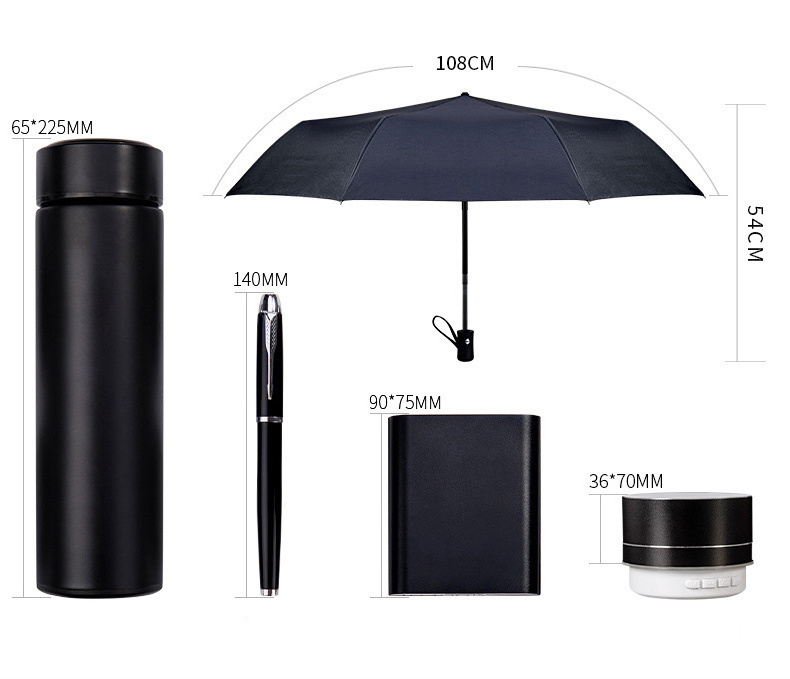 Custom logo A5 Notebook + vacuum flask + USB flash drive + pen + Umbrella + Bluetooth audio+power bank Corporate Gifts Set