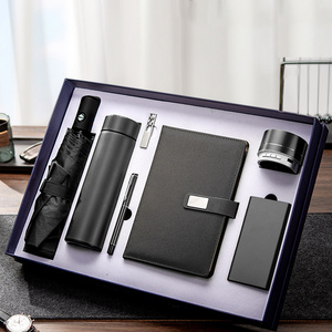 Custom logo A5 Notebook + vacuum flask + USB flash drive + pen + Umbrella + Bluetooth audio+power bank Corporate Gifts Set