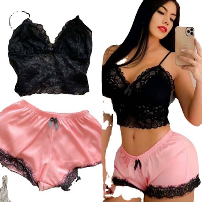 Wholesale new imitation silk black home clothes two-piece sleepwear set fashion comfortable lace pajamas set