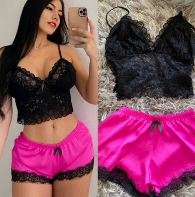 Wholesale new imitation silk black home clothes two-piece sleepwear set fashion comfortable lace pajamas set