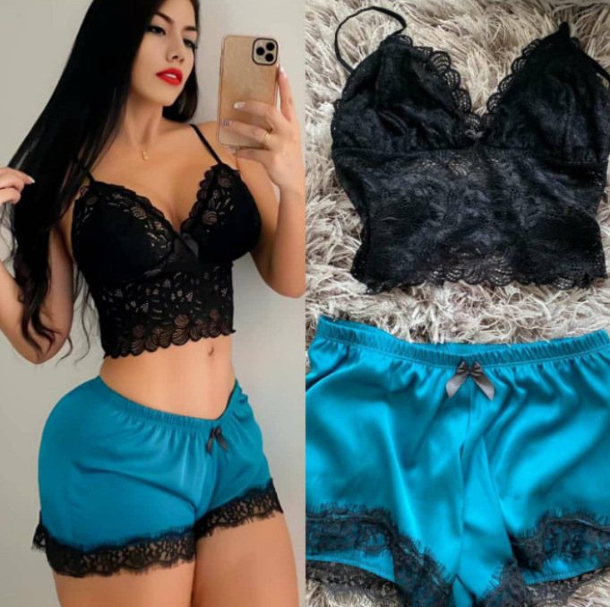 Wholesale new imitation silk black home clothes two-piece sleepwear set fashion comfortable lace pajamas set