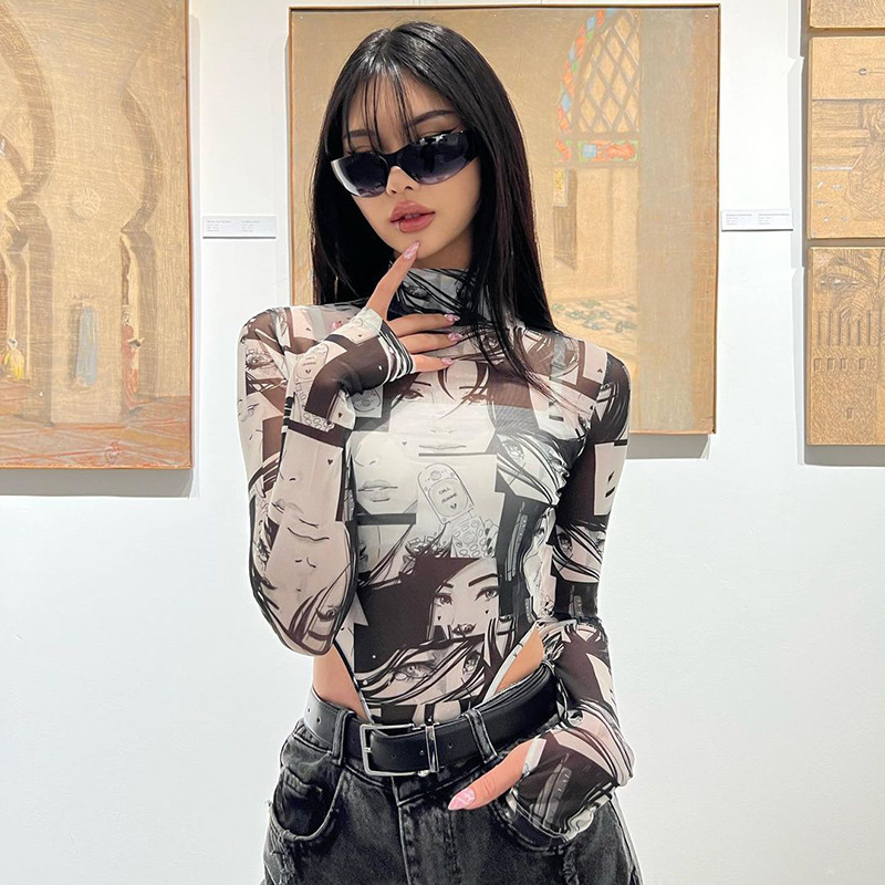 Street fashion cartoon printed turtleneck T-shirt tight long sleeve women personalized jumpsuit