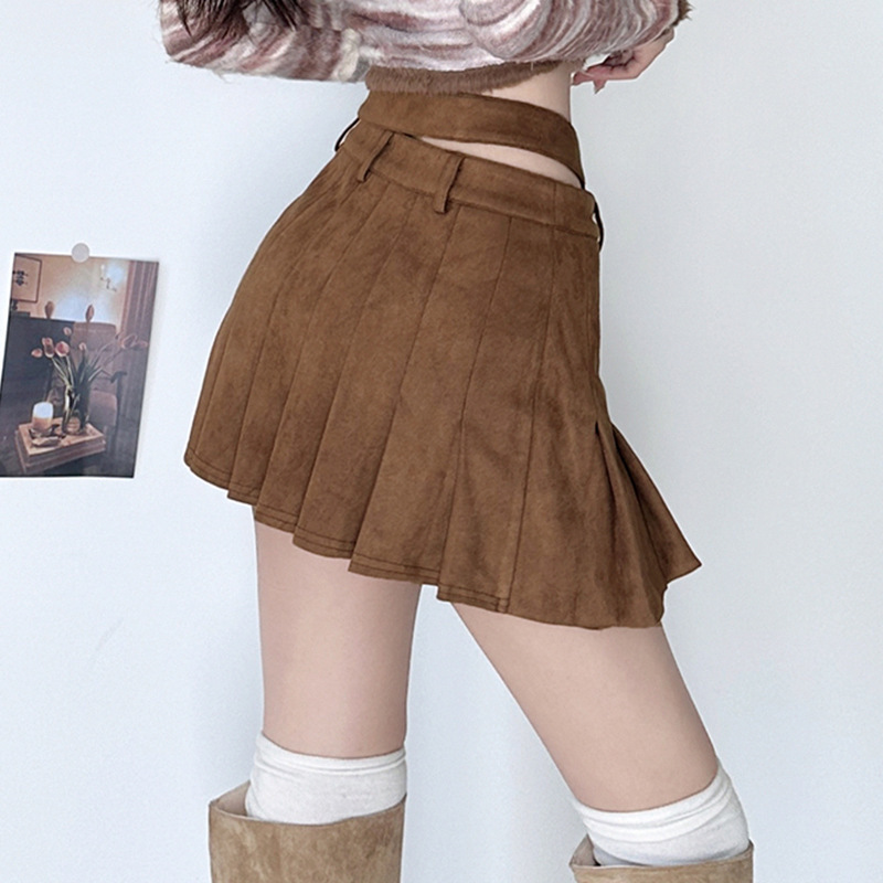 Street hot girl retro outfit asymmetric new design brown skirt women slimming pleated skirt