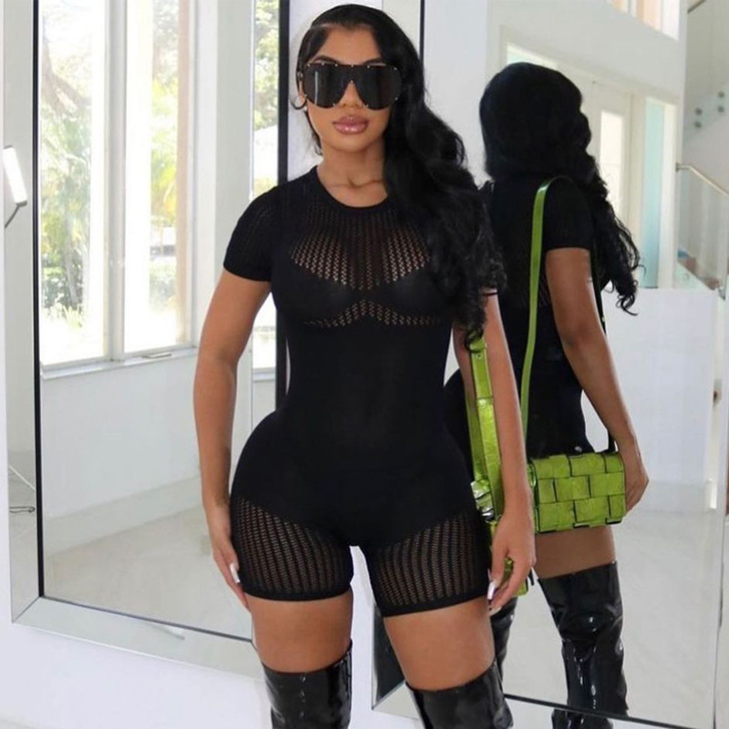 2023 Summer women's clothing New sexy cutout skinny see-through knitted sports female jumpsuit