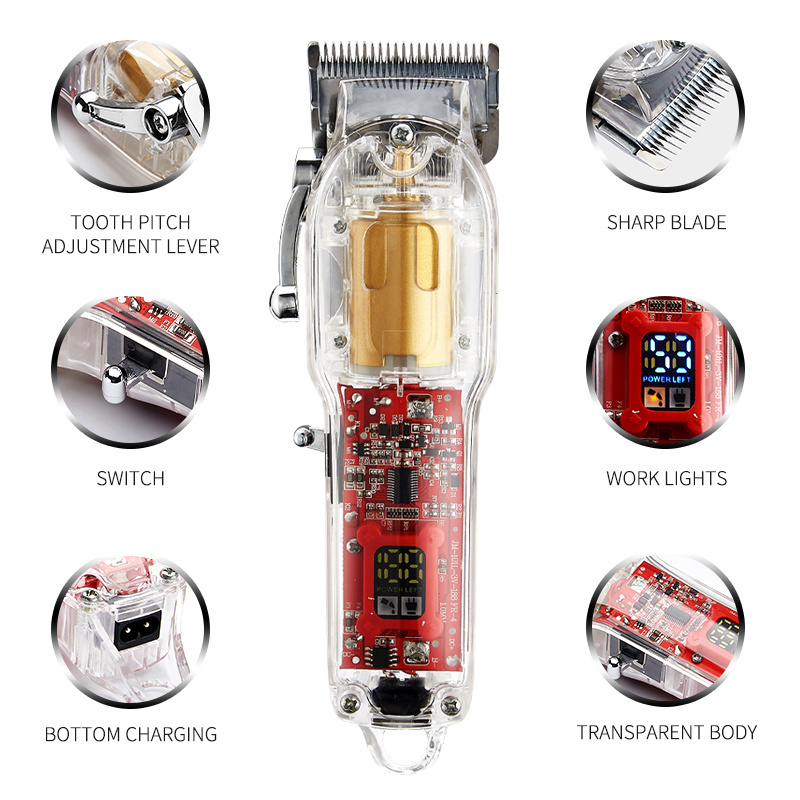 Salon Clippers JM-100AT Rechargeable LCD Transparent Hair Clippers Electric Shaver Hair Trimmers Grooming Kit For Man