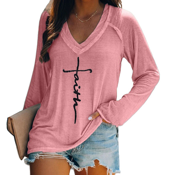 Wholesale women  Long Sleeve V Neck  Casual Letter Print Loose Fitting Tops Faith Shirts