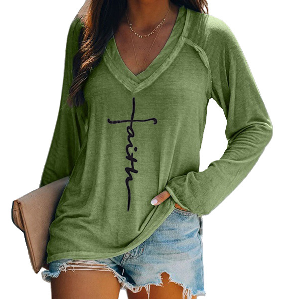 Wholesale women  Long Sleeve V Neck  Casual Letter Print Loose Fitting Tops Faith Shirts