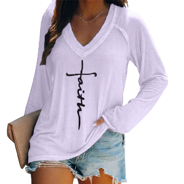 Wholesale women  Long Sleeve V Neck  Casual Letter Print Loose Fitting Tops Faith Shirts