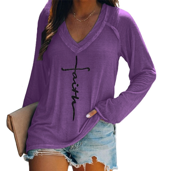 Wholesale women  Long Sleeve V Neck  Casual Letter Print Loose Fitting Tops Faith Shirts