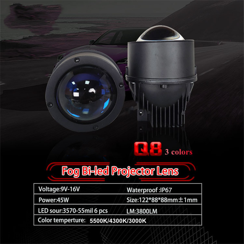 3 Inch Bi Led Fog Lens for Car Headlight  Triple color Q8 High Low Beam H4 Led fog lamp  Projector Lens Retrofit