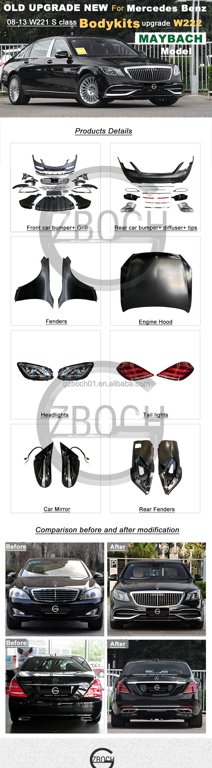 OLD UPGRADE NEW Bodykit For 2007+ mercedes Benz W221 S class S430 S600 S550 S300 S650 upgrade 2020+ W222 Maybach Car Bumper