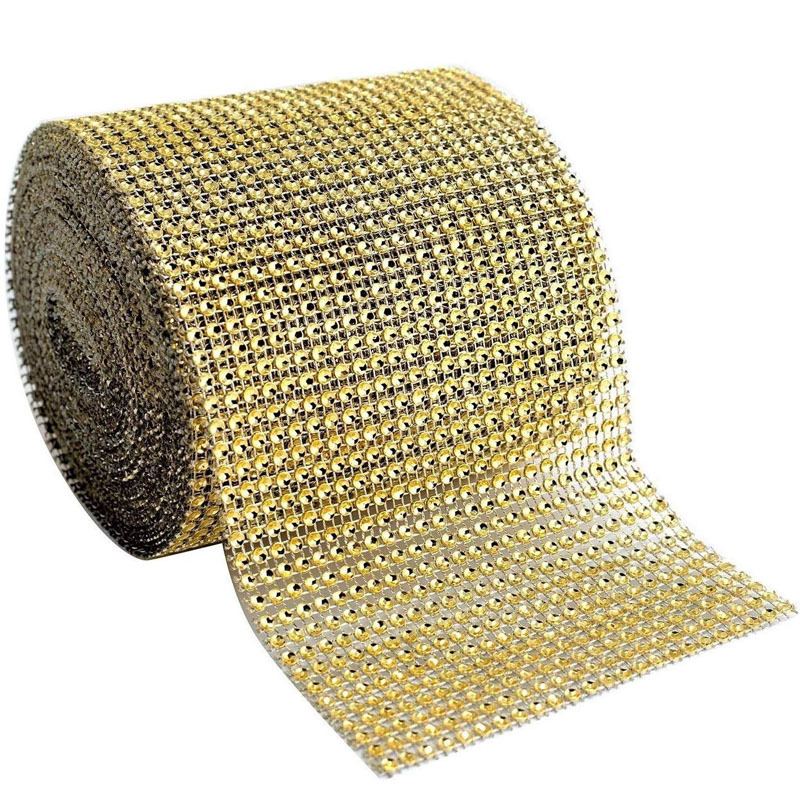 High Quality 24 Row Shiny Golden Diamond Crystal Ribbon Wrap Rhinestone Mesh Ribbon For Christmas Decoration