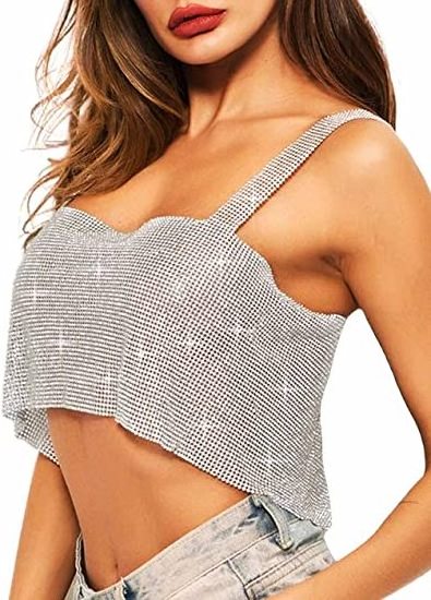 Fashion Crystal Party Club Tops Sexy Rhinestone Aluminum Top For Women Sleeveless Crop Top