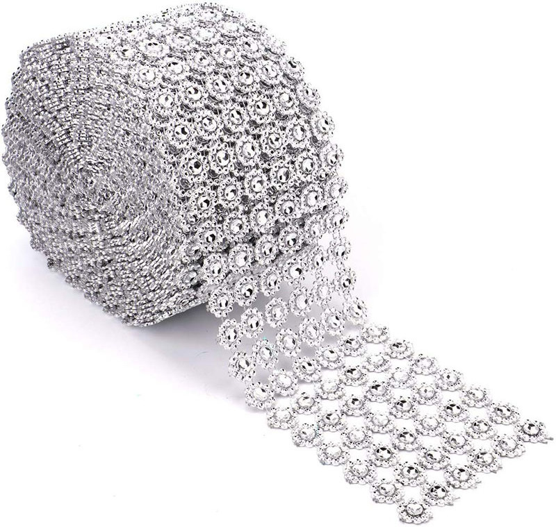 Silver Flower Shape Plastic Crystal Rhinestone Mesh Trimming  Wrap Diamond Mesh Ribbon For Decorations